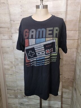 Black Gamer Tee with Retro Multicolor NES Controller Graphic
